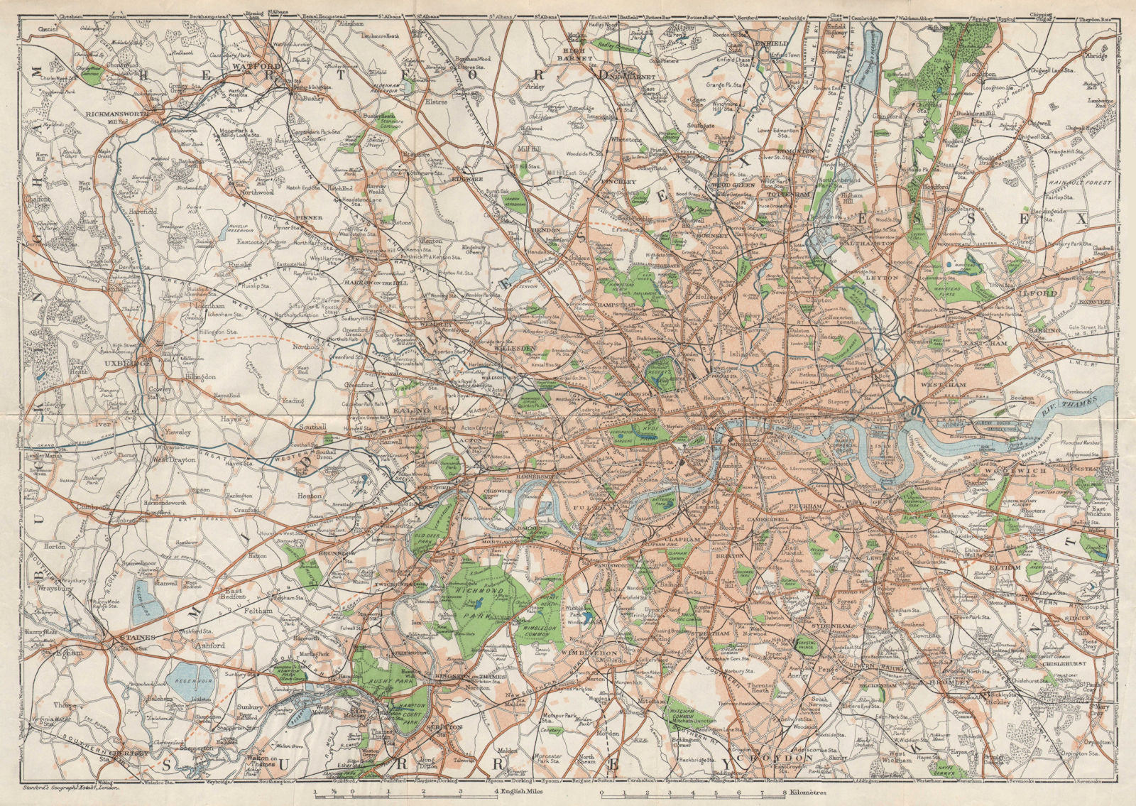 LONDON & environs showing projected Western Avenue & Railways 1928 old map